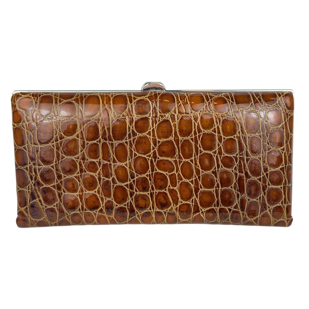 LODIS Womens Vintage Cognac Brown Croc Embossed Leather Frame Clutch Wallet